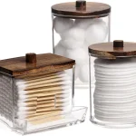 Tbestmax 3 Pack Qtips Holder Bathroom Container, 10 oz Cotton Ball/Swabs Dispenser, Apothecary Jar Organizer for Storage Brown Wood Lids