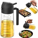 TrendPlain 16oz/470ml Glass Olive Oil Sprayer for Cooking – 2 in 1 Olive Oil Dispenser Bottle for Kitchen Gadgets and Air Fryer Accessories, Salad, BBQ - Black