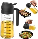 TrendPlain 16oz/470ml Glass Olive Oil Sprayer for Cooking – 2 in 1 Olive Oil Dispenser Bottle for Kitchen Gadgets and Air Fryer Accessories, Salad, BBQ - Black