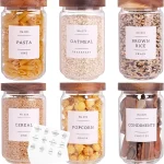 6 Set Glass Pantry Storage Jars with Acacia Airtight Lid - 23oz Thicken Glass Kitchen Canisters with 132 Pantry Labels - Clear Glass Food Storage Containers with Wood Lid for Tea,Sugar,Cookie,Coffee