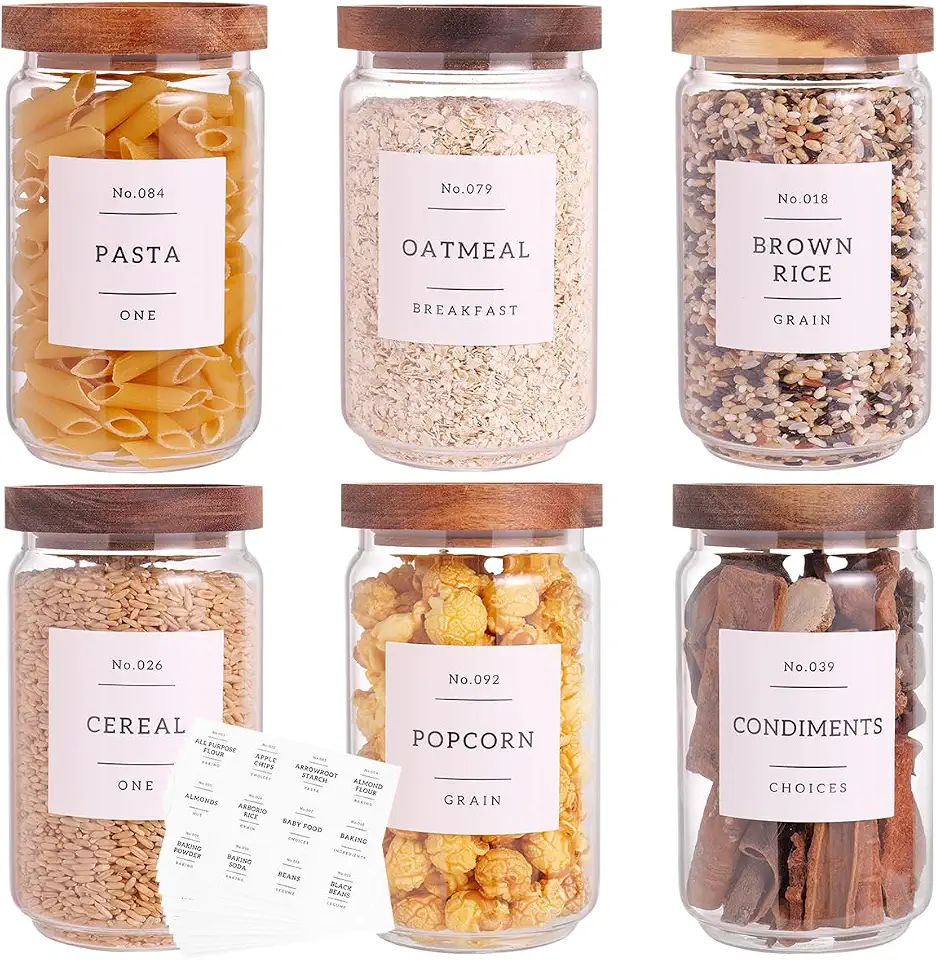 71fom4xplPL._AC_UL960_FMwebp_QL65_.webp 6 Set Glass Pantry Storage Jars with Acacia Airtight Lid - 23oz Thicken Glass Kitchen Canisters with 132 Pantry Labels - Clear Glass Food Storage Containers with Wood Lid for Tea,Sugar,Cookie,Coffee - Image 1