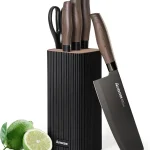 Astercook Knife Set, 6-Piece Kitchen Knife Set with Block, High Carbon Stainless Steel Ultra Sharp Kitchen Knives, Wood Grain Handle, Dishwasher Safe Knife Block Set, Black, Kitchen Utility Knives