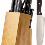 Amazon Basics 14-Piece High Carbon Stainless Steel Kitchen Knife Set with Full Tang Construction, Ergonomic Handles, Sharpener and Pinewood Block, Black