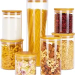 Vtopmart Glass Food Storage Jars, 7 Pack Kitchen Containers with Airtight Bamboo Wooden Lids for Pasta, Cookies, Nuts, Coffee Beans, Cereal, Canisters Set for Flour, Pantry Organization, BPA Free