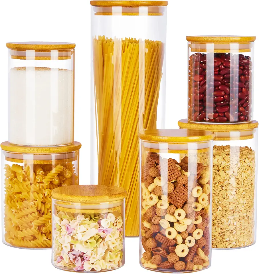 810ubTLe8pL._AC_UL960_FMwebp_QL65_.webp Vtopmart Glass Food Storage Jars, 7 Pack Kitchen Containers with Airtight Bamboo Wooden Lids for Pasta, Cookies, Nuts, Coffee Beans, Cereal, Canisters Set for Flour, Pantry Organization, BPA Free - Image 1