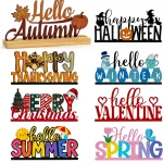 Interchangeable Seasonal Decor Metal Table Sign Set with Wooden Base