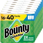 Bounty Paper Towels Quick Size, White, 16 Family Rolls = 40 Regular Rolls