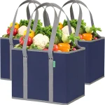 Large box shaped totes stand up and stay open while loading, foldable for storage, long handles, hard flat bottom